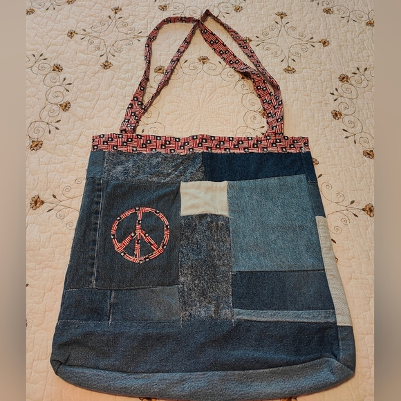 Large Tote Bag Handcrafted Denim Patchwork Peace Sign - Picture 1 of 4